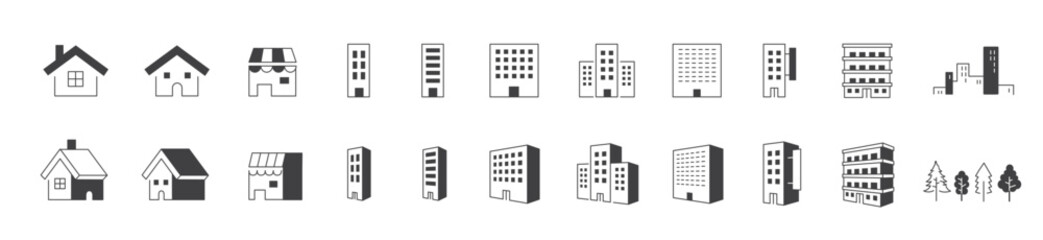 Simple building and houses line icon set - obrazy, fototapety, plakaty