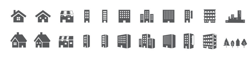 Simple building and houses line icon set