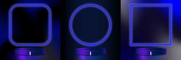 Set of Neon Frame Backgrounds on 3d neon platforms with LED light and reflection. Editable Vector Illustration. EPS 10.