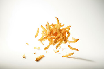 French Fries Flying On White Background, Floating In The Air. Generative AI