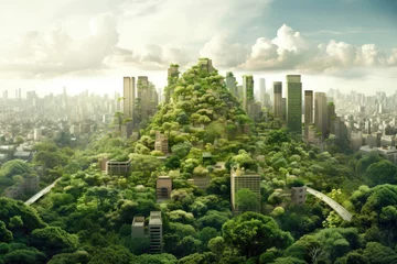 Image Of City Skyline Transforming Into Green Cityscape, Showcasing The Transition Towards Sustainable Urban Development. Generative AI © Anastasiia