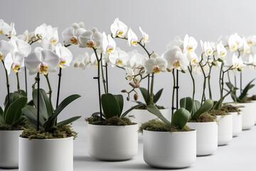 Lots Of White Pots With Blooming Orchids On White Background. Generative AI