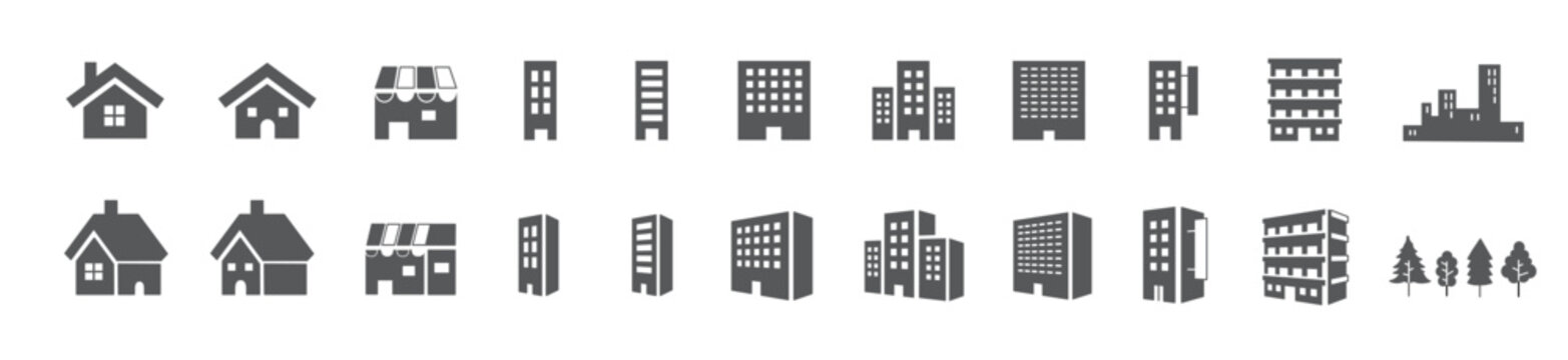 Simple building and houses line icon set
