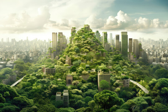 Image Of City Skyline Transforming Into Green Cityscape, Showcasing The Transition Towards Sustainable Urban Development. Generative AI