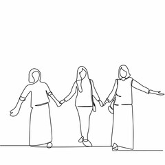 One line of woman group of friendship. diverse group of standing people. Hand drawn Continuous single line art isolated on white background.