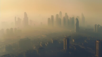 Polluted Horizons: A skyline obscured by thick smog, symbolizing the detrimental effects of air pollution on cities | generative ai