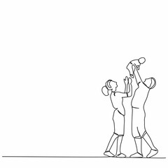 One line of father hug his child with mother. Mom and daddy with child. Father day and parent day. Hand drawn Continuous single line art isolated on white background.