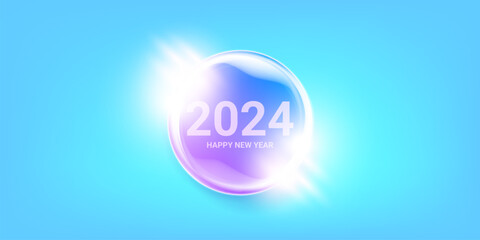 2024 Happy new year horizontal banner background and 2024 greeting card with text. vector 2024 new year sticker, label, icon, logo and badge isolated on stylish blue background