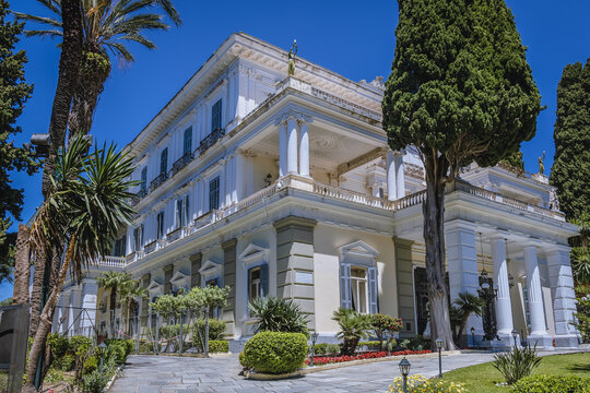 Gastouri, Greece - June 16, 2021: Achilleion - Sisi palace in Gastouri village, Corfu Island