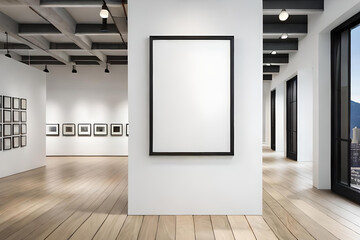 A pristine blank Polaroid frame hanging on a whitewashed wall in a contemporary art gallery