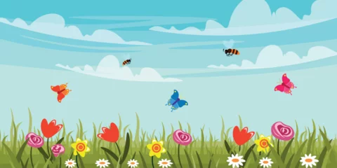 Gordijnen Vector illustration of a beautiful landscape with a meadow. Cartoon scene of sunny landscape with sky and clouds, grass, flowers: daffodils, tulips, roses, poppies, daisies, butterflies and bees. © MVshop