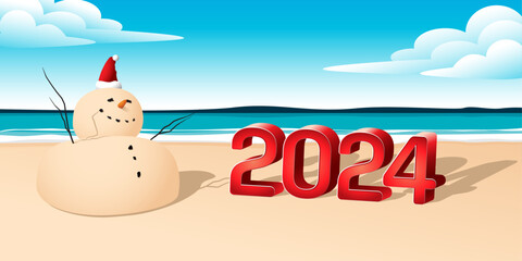 Obraz premium Sandy Christmas Snowman is celebrating a Happy New Year on a beautiful beach with 2024 3d text, concept for new year 2024