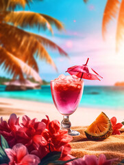 Obraz premium Hello Summer Beach poster with Mocktail glass and tropical trees - ai generative