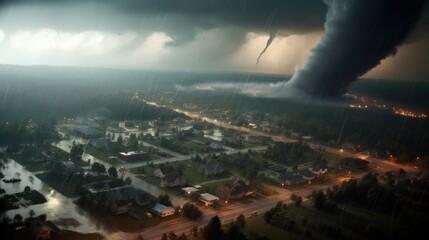 Extreme Weather: An image of a tornado tearing through a town, illustrating the intensified storms caused by climate change | generative ai