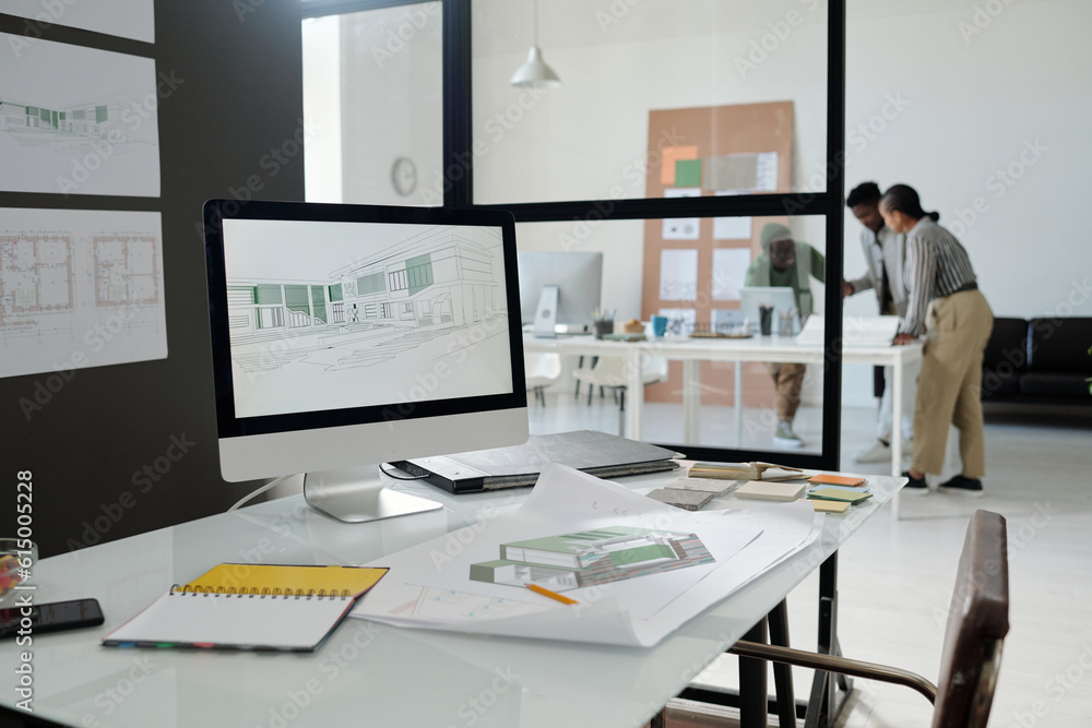 Poster workplace of modern architect or designer with computer monitor, blueprint with sketch of building, 