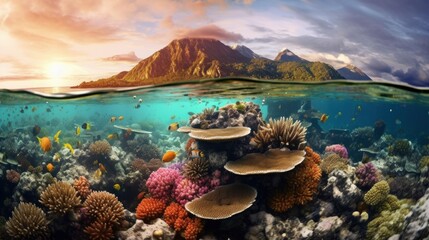 Endangered Paradise: An image of a vibrant coral reef fading away, symbolizing the impact of ocean acidification | generative ai