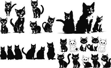 Set of kittens, black and white design, vector illustration, SVG, great for t-shirts, mugs, birthday cards, wall stickers, stickers, iron-on, scrapbooking,