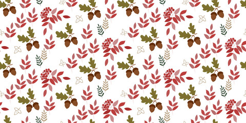 Seamless autumn pattern with rowan branches, acorns and autumn leaves. Great pattern for print and printing on fabric and paper
