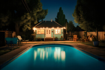 Fototapeta na wymiar lit suburban backyard pool and house at night, made with generative ai