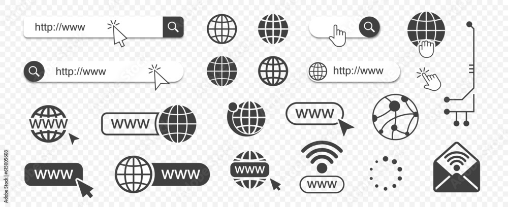 Poster Set of website icons on a transparent background. Internet icons collection. Website globe icons