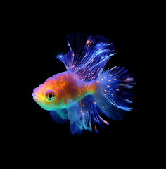 beautiful iridescent orange, blue and green neon transparent glass fish on black background, generative ai	

