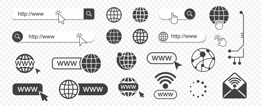 Set of website icons on a transparent background. Internet icons collection. Website globe icons