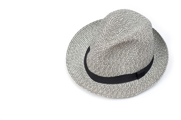 Light gray brim hat with black band, unisex, white background.