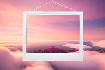 A pristine white Polaroid frame suspended in mid-air, surrounded by a surreal dreamscape