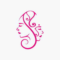 Vector illustration of Woman's silhouette with beautiful hair. Dual face logo of women. Salon logo.