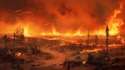 Inferno Earth: Devastating wildfires raging across a scorched landscape, illustrating the intensifying heatwaves | generative ai