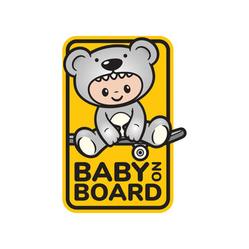 Vector yellow car sticker warning of a child in the car. Image of a child in a teddy bear costume sitting on a skateboard and the text BABY ON BOARD. Isolated on white background
