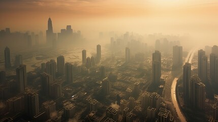 Obraz premium Suffocating Skies: A cityscape engulfed in smog, depicting the effects of air pollution | generative ai