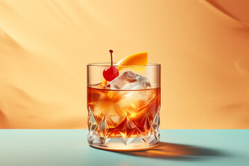Old fashioned cocktail on stone background. Whiskey on stone rustic background. Generative AI
