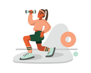 Cartoon girl works out with dumbbells. Time for sports exercises and morning workout. Active and healthy lifestyle. Feeling happy when doing workout. Vector