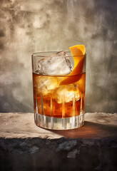 Old fashioned cocktail on stone background. Whiskey on stone rustic background. Generative AI