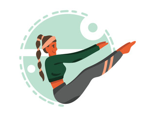 Cartoon handsome girl raises her arms and legs up and practices yoga poses. Morning workout in gym. Physical and spiritual practice. Reducing level of stress doing sports. Vector