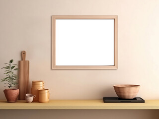 Blank horizontal decorative art transparent frame mock-up on kitchen wall