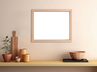 Blank horizontal decorative art transparent frame mock-up on kitchen wall