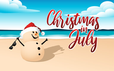 Christmas in July sale template design with a sandy snowman on a beautiful beach, vector illustration