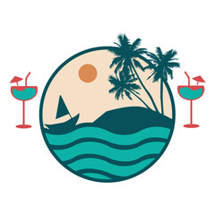 sunset view of a beach, surf and palm trees in silhouette