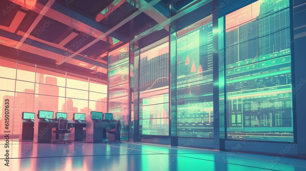 Poster Futuristic neon stock market computer system display room interior background. Generative AI technology