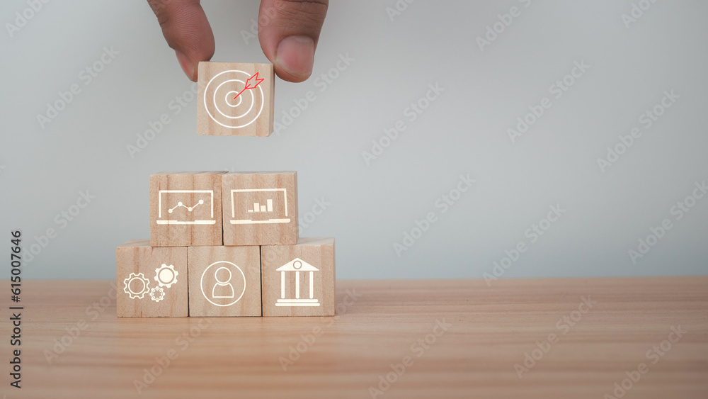 Poster wood cube block stacking with icon.concept of business strategy and goal action plan.