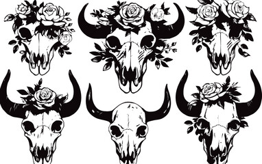 Set of skull floral silhouettes, black and white design, vector illustration, SVG, great for t-shirts, mugs, birthday cards, wall stickers, stickers, iron-on, scrapbooking,