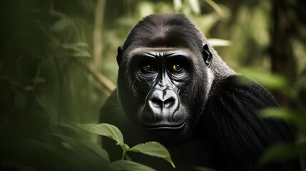 a Gorilla in His Natural Habitat Looking at the Camera. Created with Generative AI Technology