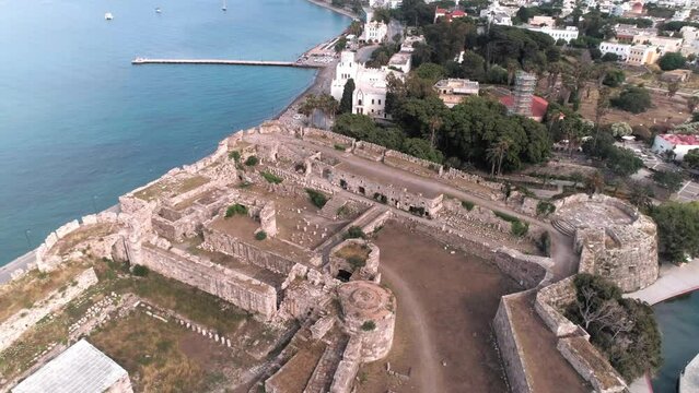 Flying over the castle Neratzia near harbour and city of Kos in Greece Europe