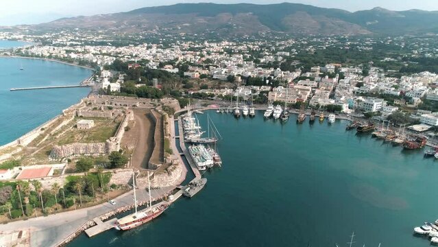 Aerial revealing the historical city Kos with castle Neratzia and harbour in Greece Europe