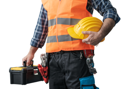 Repairman holding a toolbox and hard hat - Powered by Adobe
