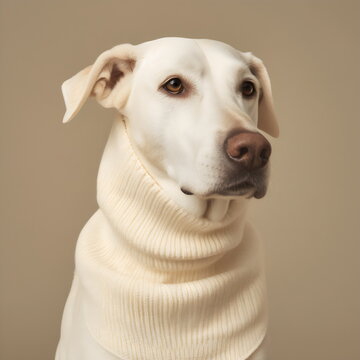 white dog wearing cream knit sweater isolated on plain tan studio background, made with generative ai