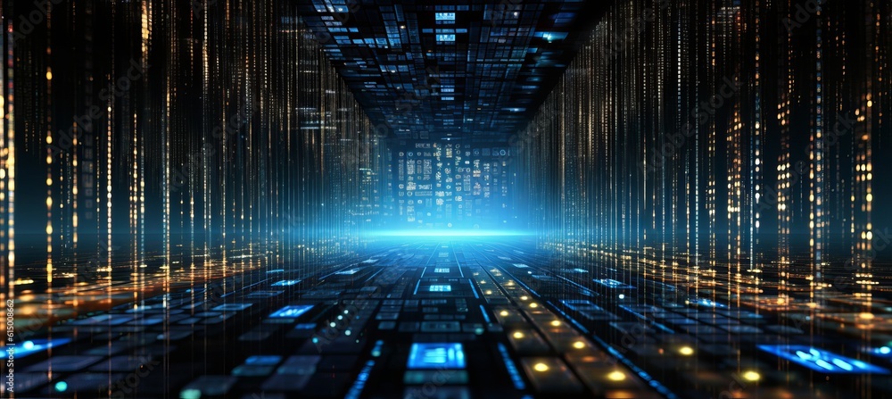 Poster Matrix technology cyber space glow background. Generative AI technology.