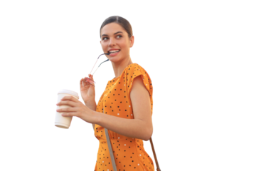 Portrait fashion woman is posing on a transparent background. Laughing and smiling portrait